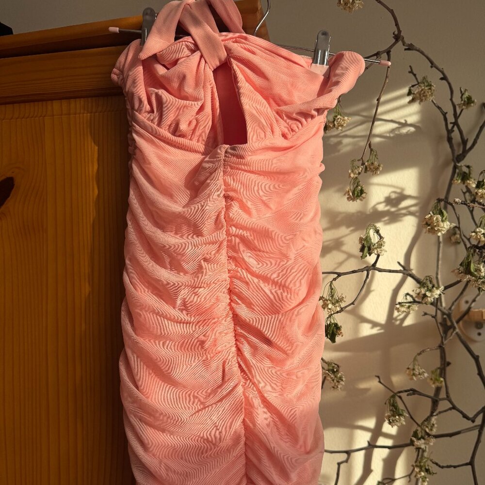 Oh Polly Dress Centre Stage Halter Mesh Mini Dress in Blush